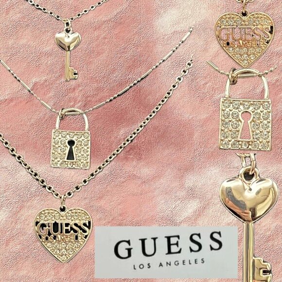 Guess Rose Gold Pave Crystal Lock-Key-Heart Charms Triple Strand Chain Necklace - Picture 1 of 7